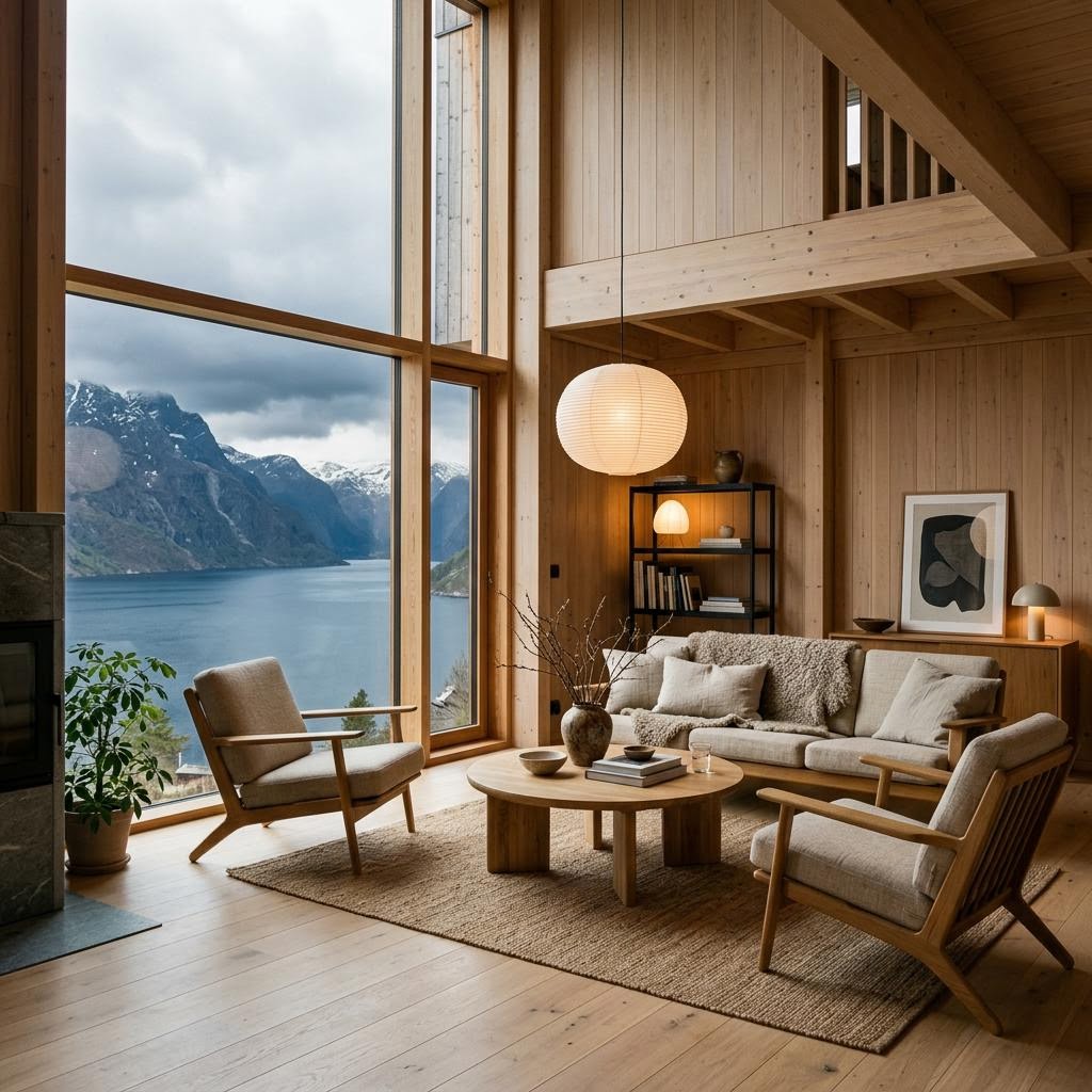Calm Scandinavian interior looking toward the landscape
