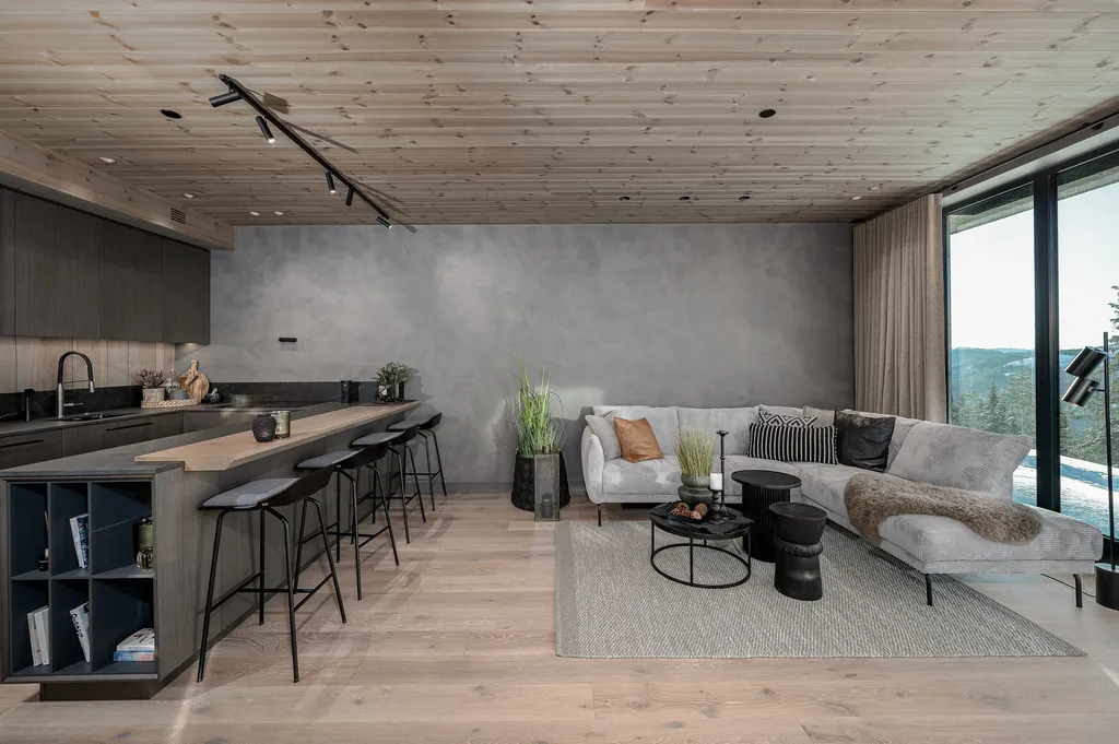 Apartment A11, Kvitfjell, Norway: open-plan kitchen and living area with a breakfast bar