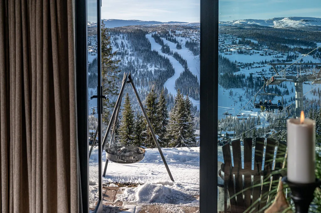 Apartment A11, Kvitfjell, Norway: terrace, chairlift and slopes viewed through the windows