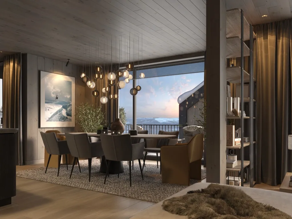 Apartment B13–14 dining area with pendant lighting and views of the Kvitfjell mountains