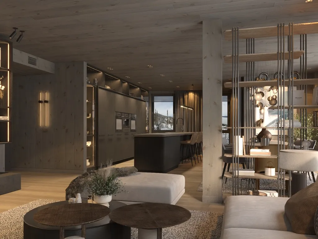 Apartment B13–14, Kvitfjell, Norway: living area looking towards the kitchen and open shelving