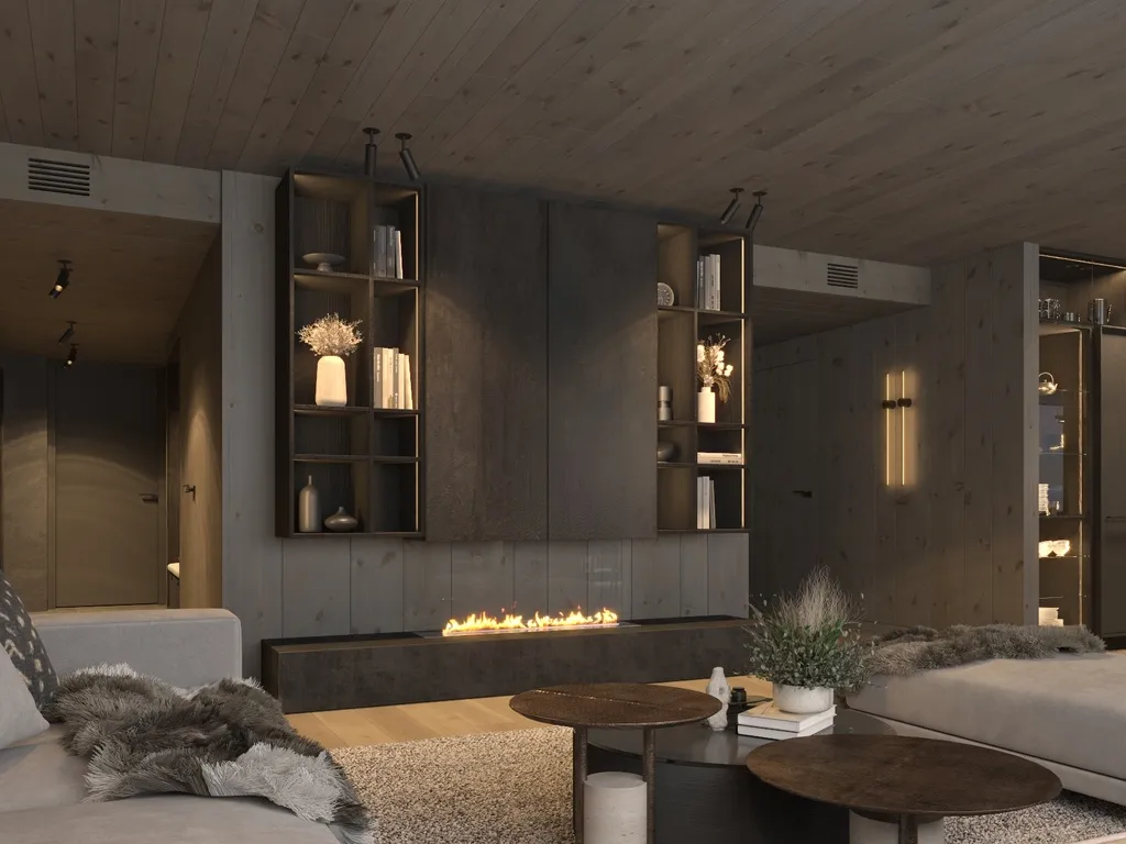 Apartment B13–14, Kvitfjell, Norway: living room fireplace with illuminated shelving