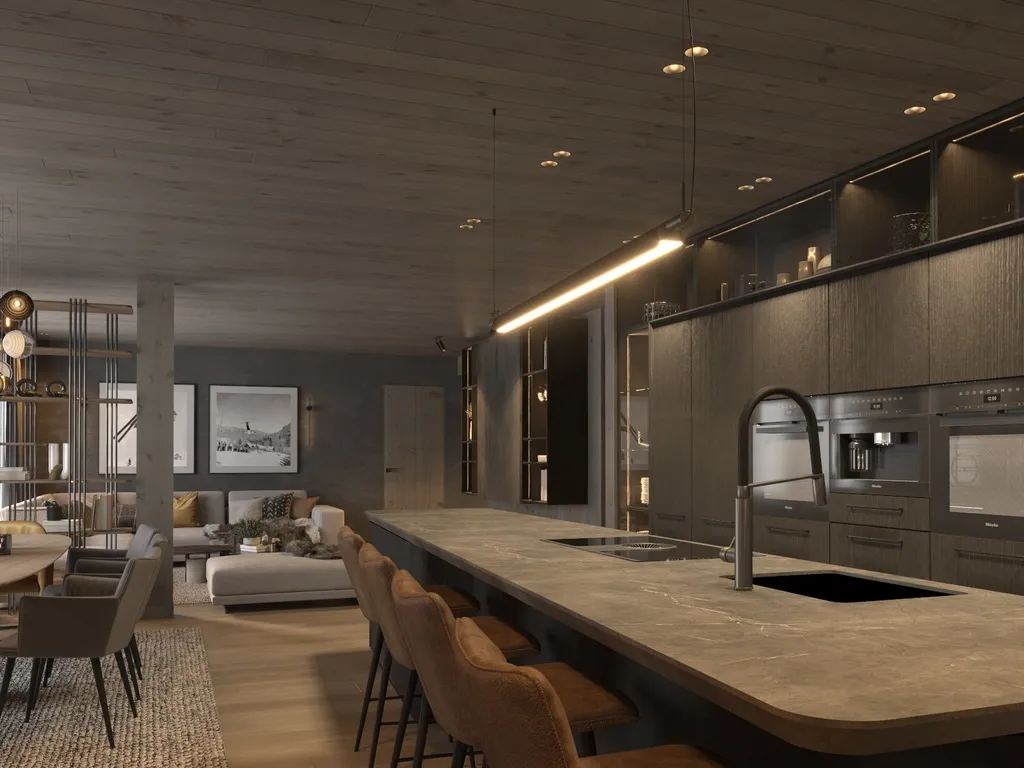 Apartment B13–14, Kvitfjell, Norway: kitchen island with breakfast seating and fitted appliances