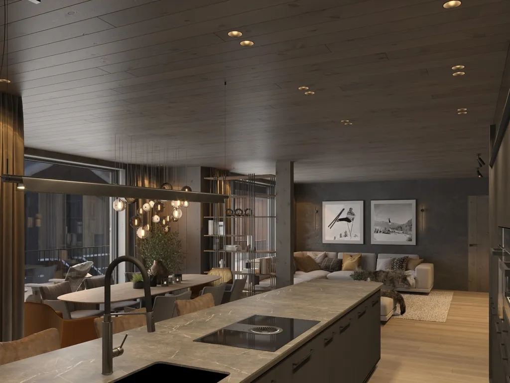 Apartment B13–14, Kvitfjell, Norway: kitchen island looking towards the dining and living areas